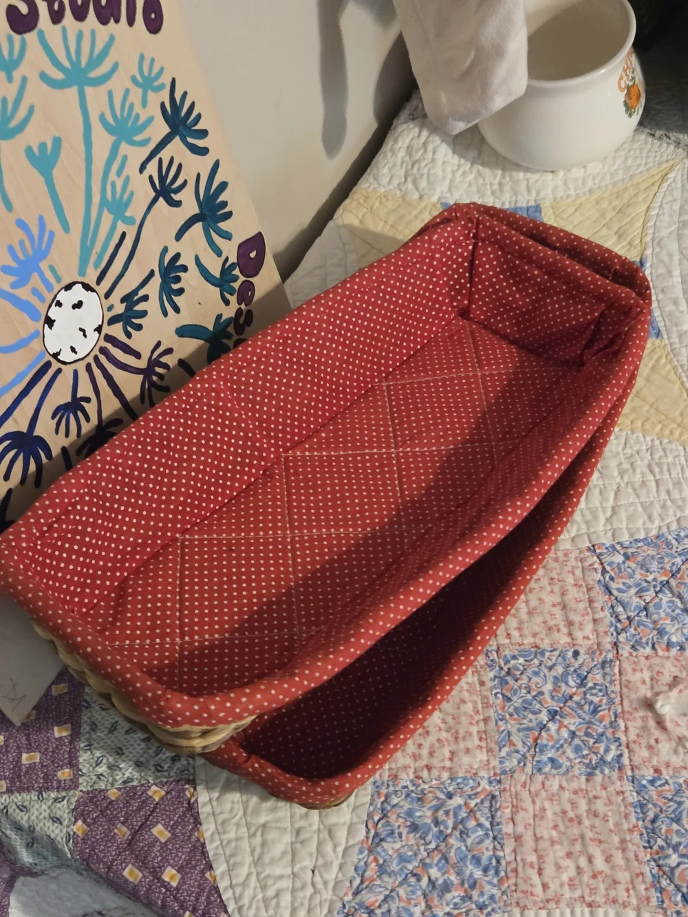 Set of vintage long narrow baskets with red polka dot fabric made in Philippines